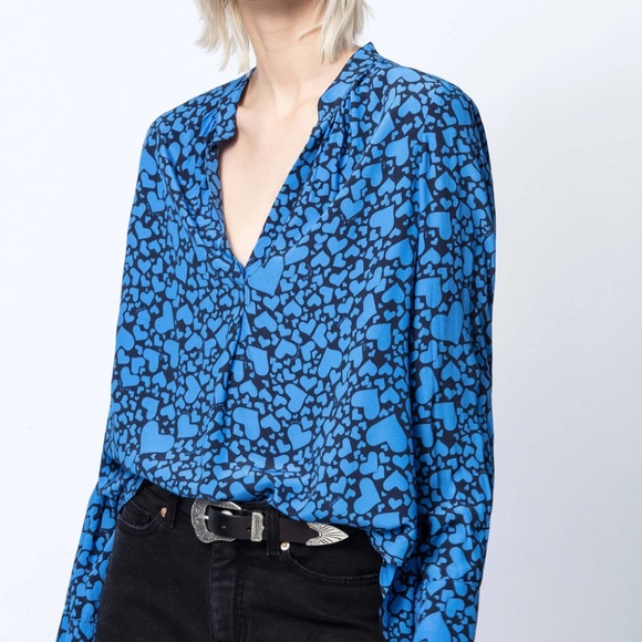 Zadig & Voltaire Tink Blue Heart Print Flowy Blouse S Split Neck Long Sleeve - Picture 1 of 7